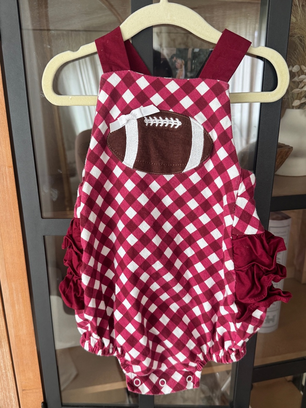 Football gingham applique bubble romper baby girl maroon aggies Alabama ruffle